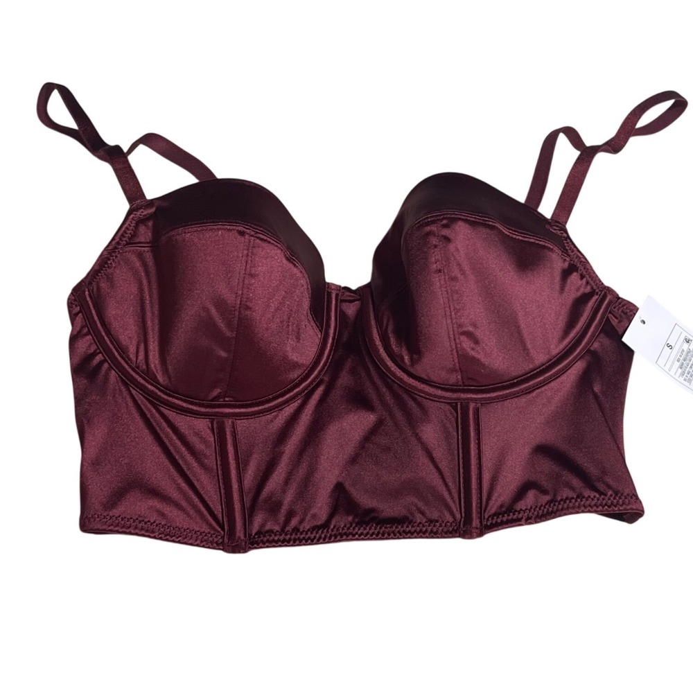 Auden Intimates Berry Red Satin Longline Corset Bra Underwire Mesh Small NWT